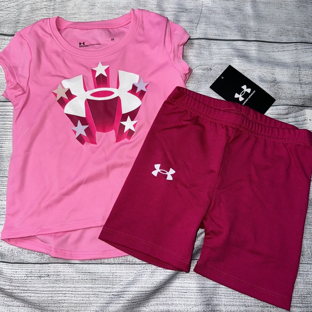Under Armour Toddler Girls Pink Dark Pink Bike Shorts Outfit Set NEW